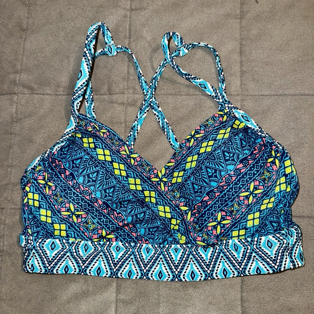 Coastal Blue Women's Bikini Top Medium Blue Green Geometric Print Swim Top